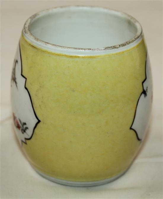 A Meissen yellow ground barrel shaped mustard pot, mid 18th century, height 2.75in.